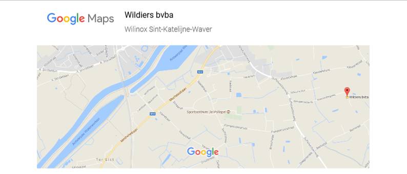 Door computer gegenereerde alternatieve tekst:
Kaartgegevens 2017 Google
Belgi
200 m
Wildiers bvba
Keukenartikelen
Krekelenbergweg 32, 2860 Sint-Katelijne-Waver
wilinox.be
015 31 95 12
Nu geopend:
 09:0012:00,13:0018:00
13 foto's
Wildiers bvba
Wilinox Sint-Katelijne-Waver
pagina 
1
 van 
2
Wildiers bvba 
-
Google Maps
9/
10/
2017
https://www.google.be/maps/place/Wildiers+bvba/@51.0853432,4.5085627,15z/data=!
...
